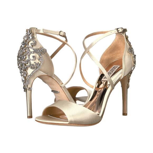 Badgley Mischka Shoes - Badgley Mischka Karmen ll Silk , Satin cream heel with jeweled accents Size 9